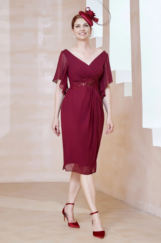 AABEI DRESS Wedding Guests Dresses Mom's Formal Dress Sheath V-Neck Flutter Sleeves Pleated Waist Applique V Back Side Fork Chiffon Dress Elegant Mother of the Bride Dress