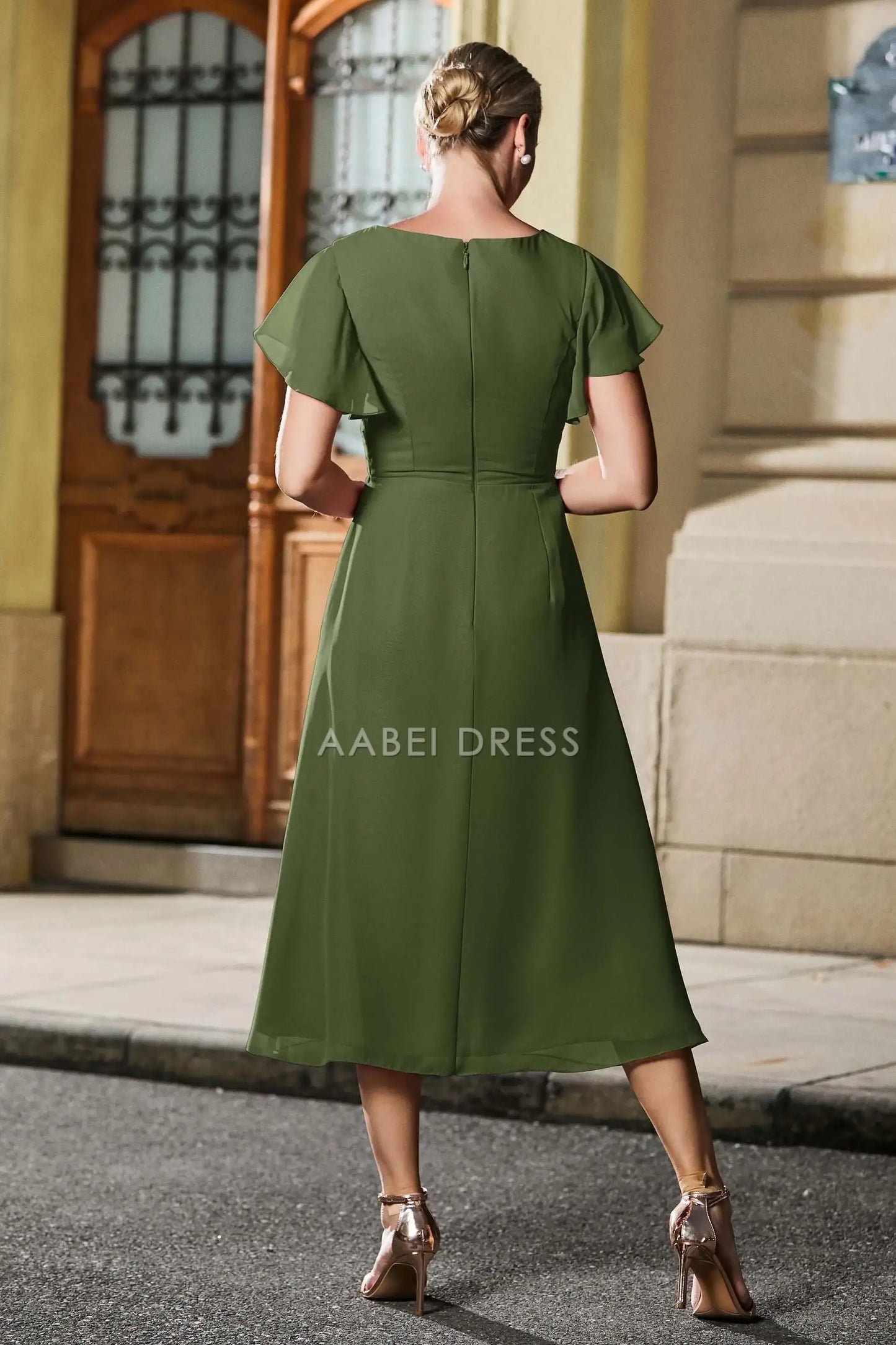 AABEI DRESS Wedding Guests Dresses Mom's Formal Dress Simple A Line Pleated V-Neck Flutter Sleeves Chiffon Tea-Length Elegant Mother of the Bride Dress