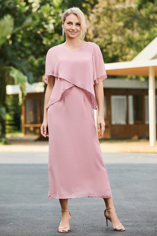 AABEI DRESS Wedding Guests Dresses Mom's Formal Dress Simple Sheath V-Neck Flutter Sleeves Beadwork Back Slit Chiffon Tea-Length Fashion Mother of the Bride Dress