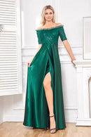 AABEI DRESS Wedding Guests Dresses Mom's Formal Dress Sparkly A Line Ruched Off Shoulder Short Sleeve Sequin Top Side Fork Fashion Mother of the Bride Dress