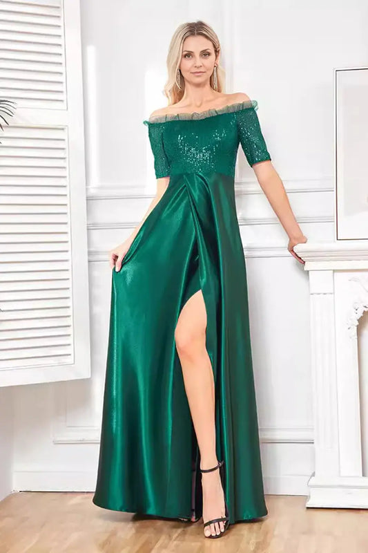 AABEI DRESS Wedding Guests Dresses Mom's Formal Dress Sparkly A Line Ruched Off Shoulder Short Sleeve Sequin Top Side Fork Fashion Mother of the Bride Dress