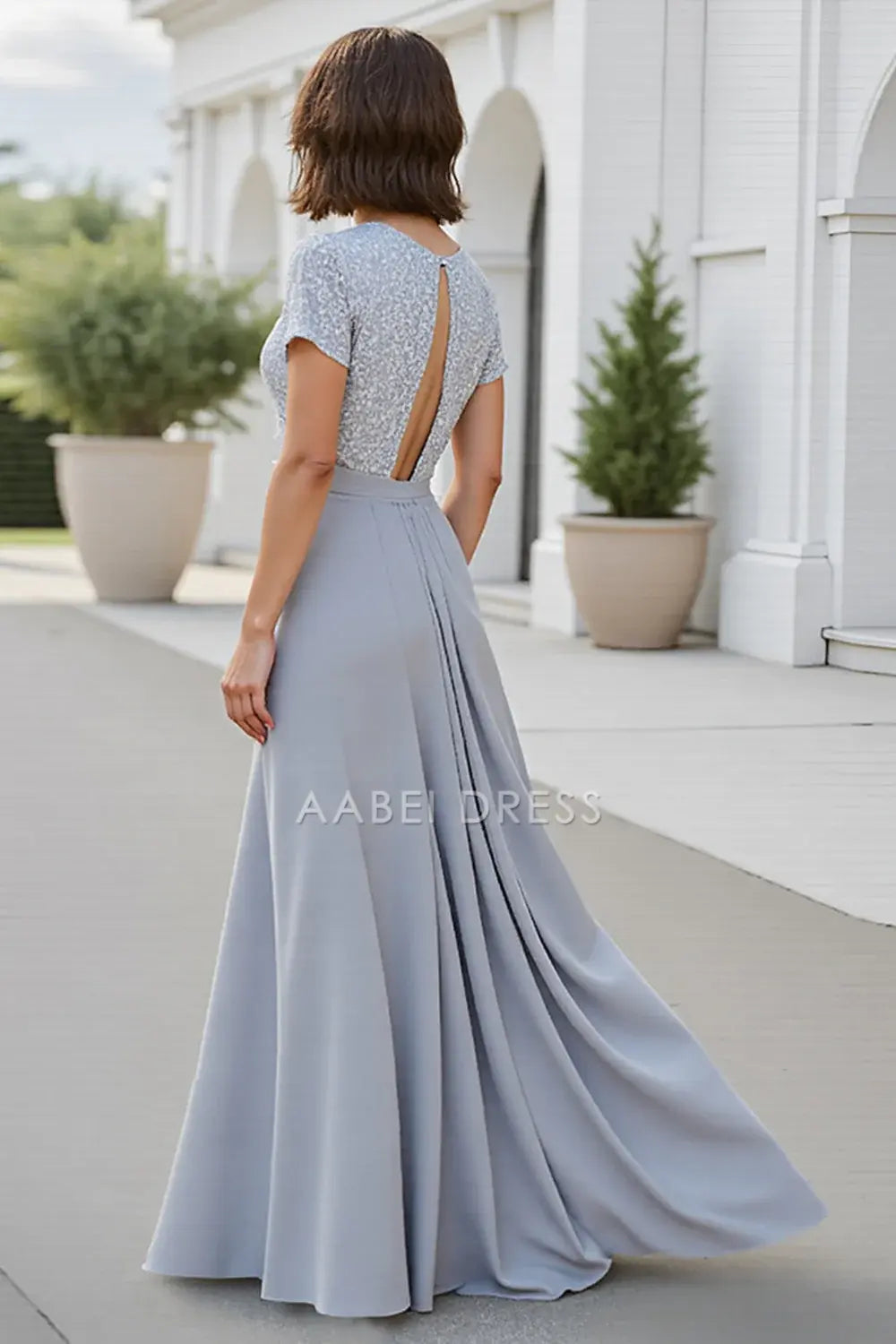 AABEI DRESS Wedding Guests Dresses Sequin A Line V-Neck Short Sleeves Backless Fashion Long Mother of the Bride Dress