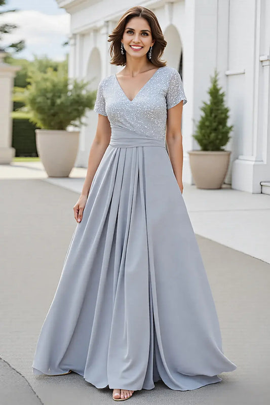 AABEI DRESS Wedding Guests Dresses Sequin A Line V-Neck Short Sleeves Backless Fashion Long Mother of the Bride Dress