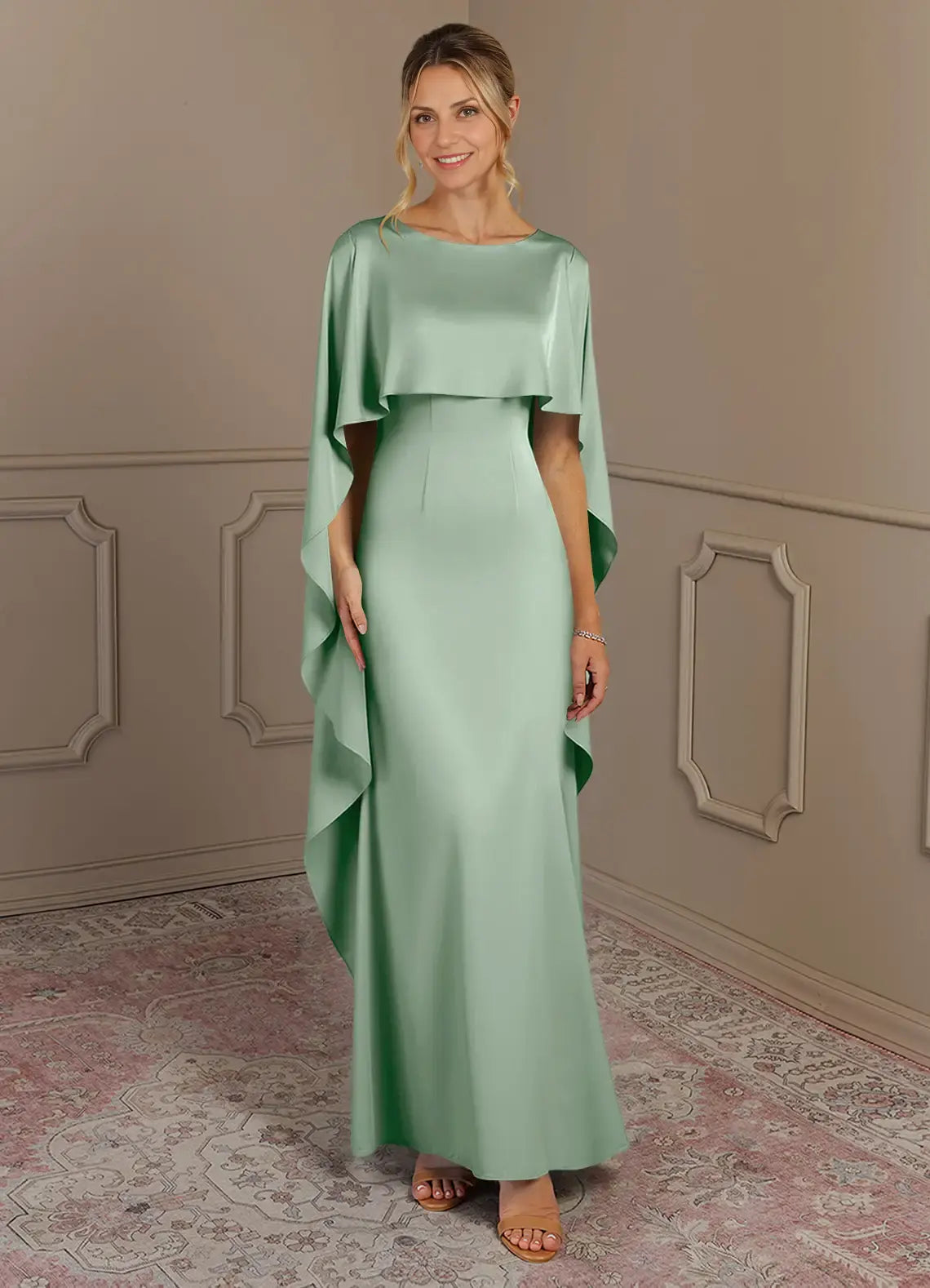 AABEI DRESS Wedding Guests Dresses Sheath Boat Neck Flutter Chiffon Ruched Shawl Elegant Mother of the Bride Dress