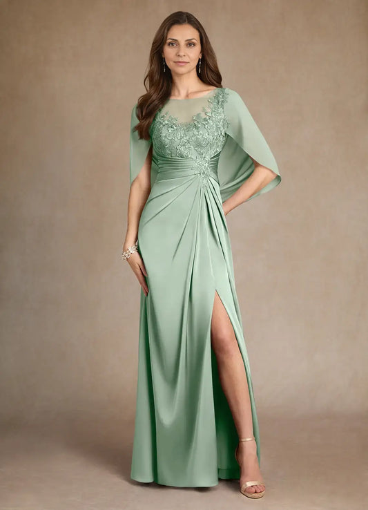 AABEI DRESS Wedding Guests Dresses Sheath Illusion Boatneck Cascading Into Back Capelet Lace Bodice Pleated Side Fork Exquisite Mother of the Bride Dress