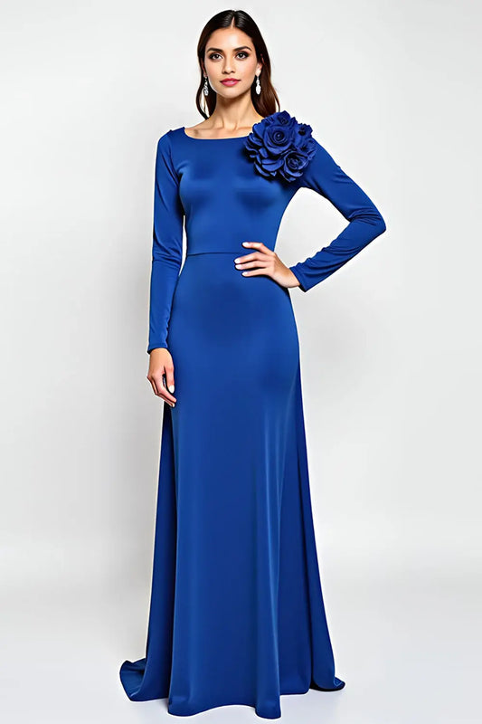 AABEI DRESS Wedding Guests Dresses Sheath Round Neck Long Sleeves 3D Flowers Backless Elegant Long Mother of the Bride Dress