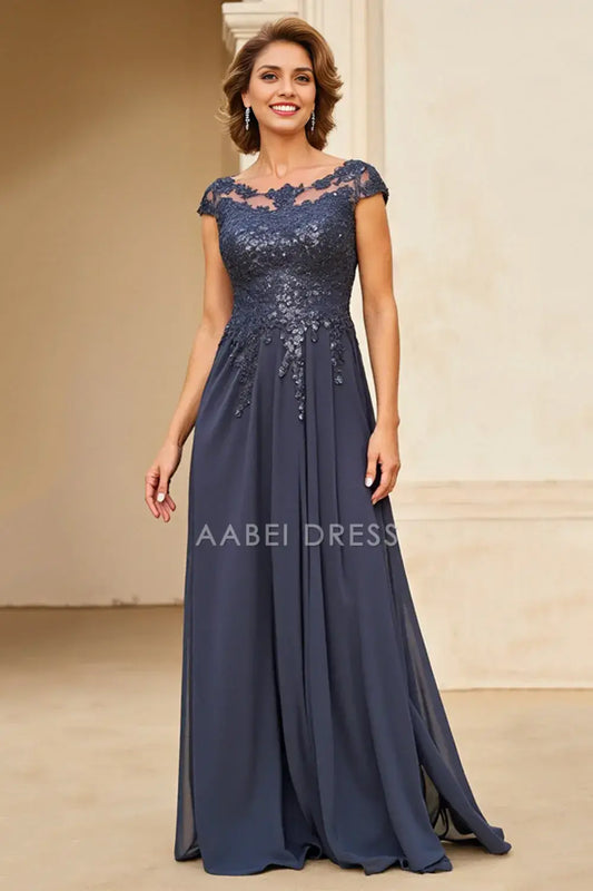 AABEI DRESS Wedding Guests Dresses Sparkly A Line Chiffon Boat Neck Cap Sleeve Lace Applique Retro Long Mother of the Bride Dress