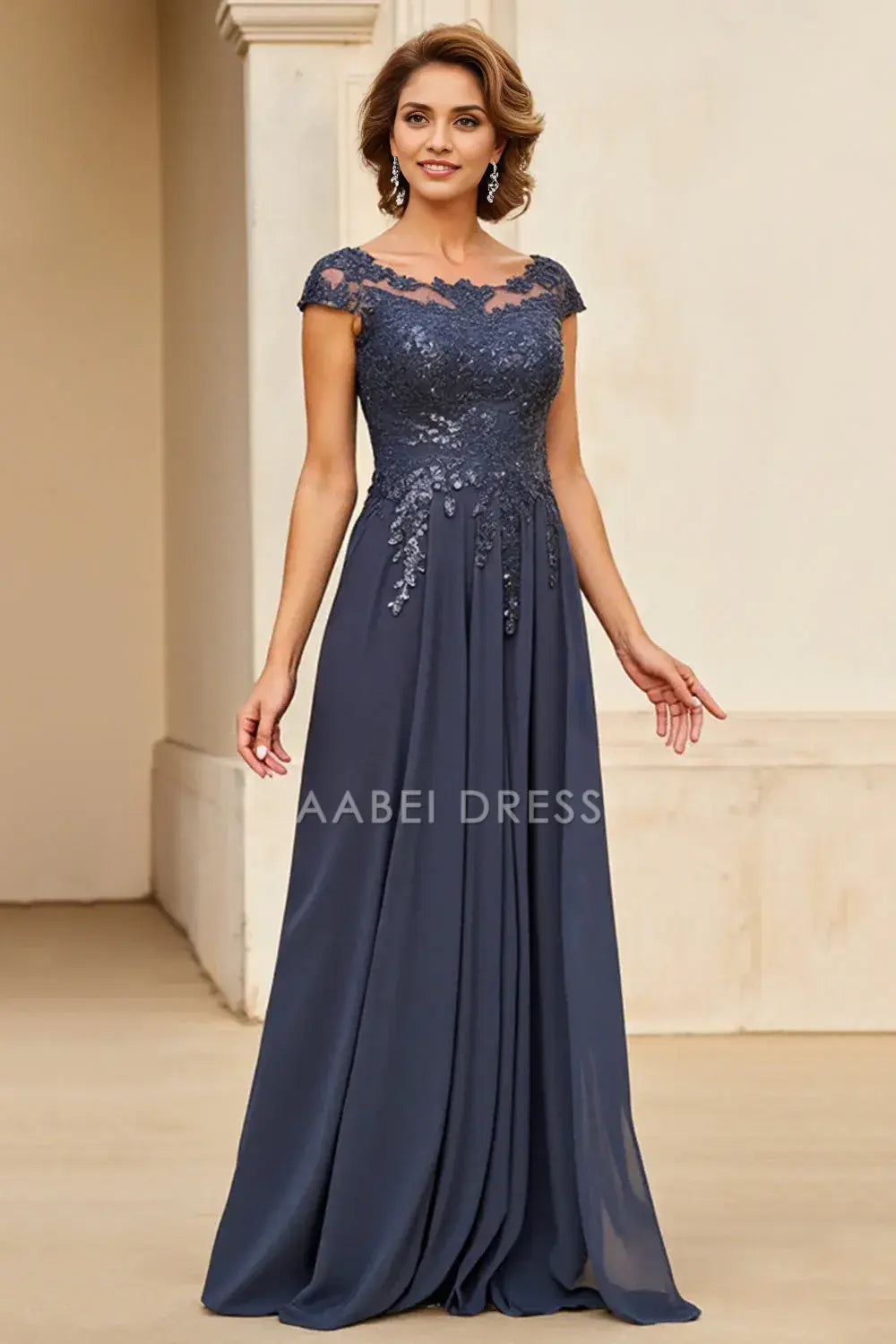 AABEI DRESS Wedding Guests Dresses Sparkly A Line Chiffon Boat Neck Cap Sleeve Lace Applique Retro Long Mother of the Bride Dress