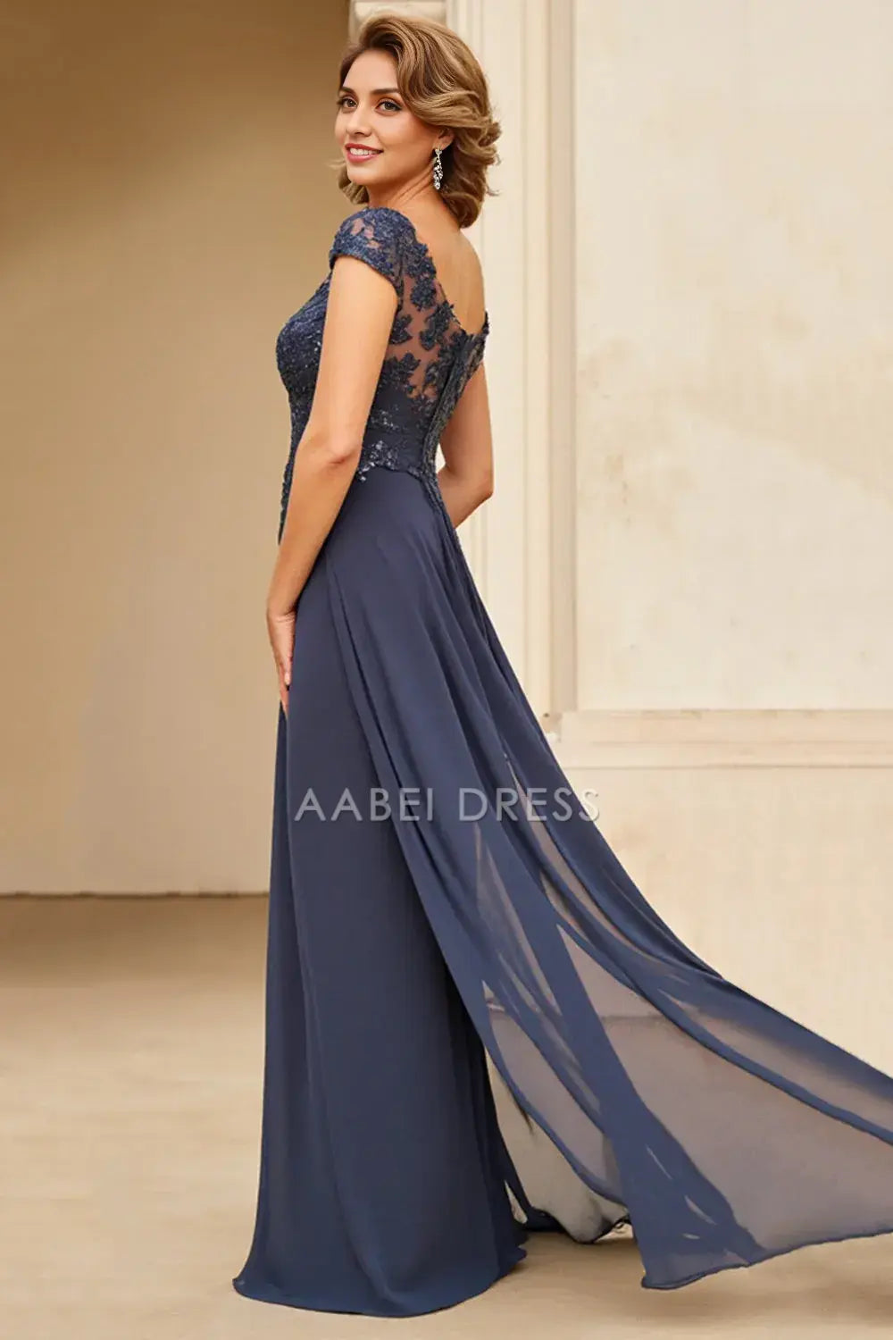AABEI DRESS Wedding Guests Dresses Sparkly A Line Chiffon Boat Neck Cap Sleeve Lace Applique Retro Long Mother of the Bride Dress