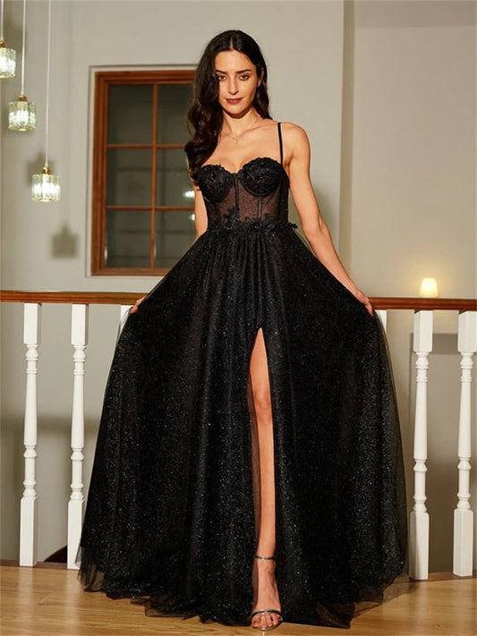 Prom Dresses A Line Sweetheart Lace Aqppliques Tulle