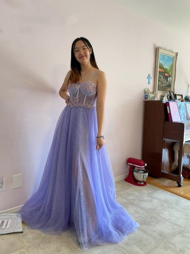 Prom Dresses A Line Sweetheart Lace Aqppliques Tulle