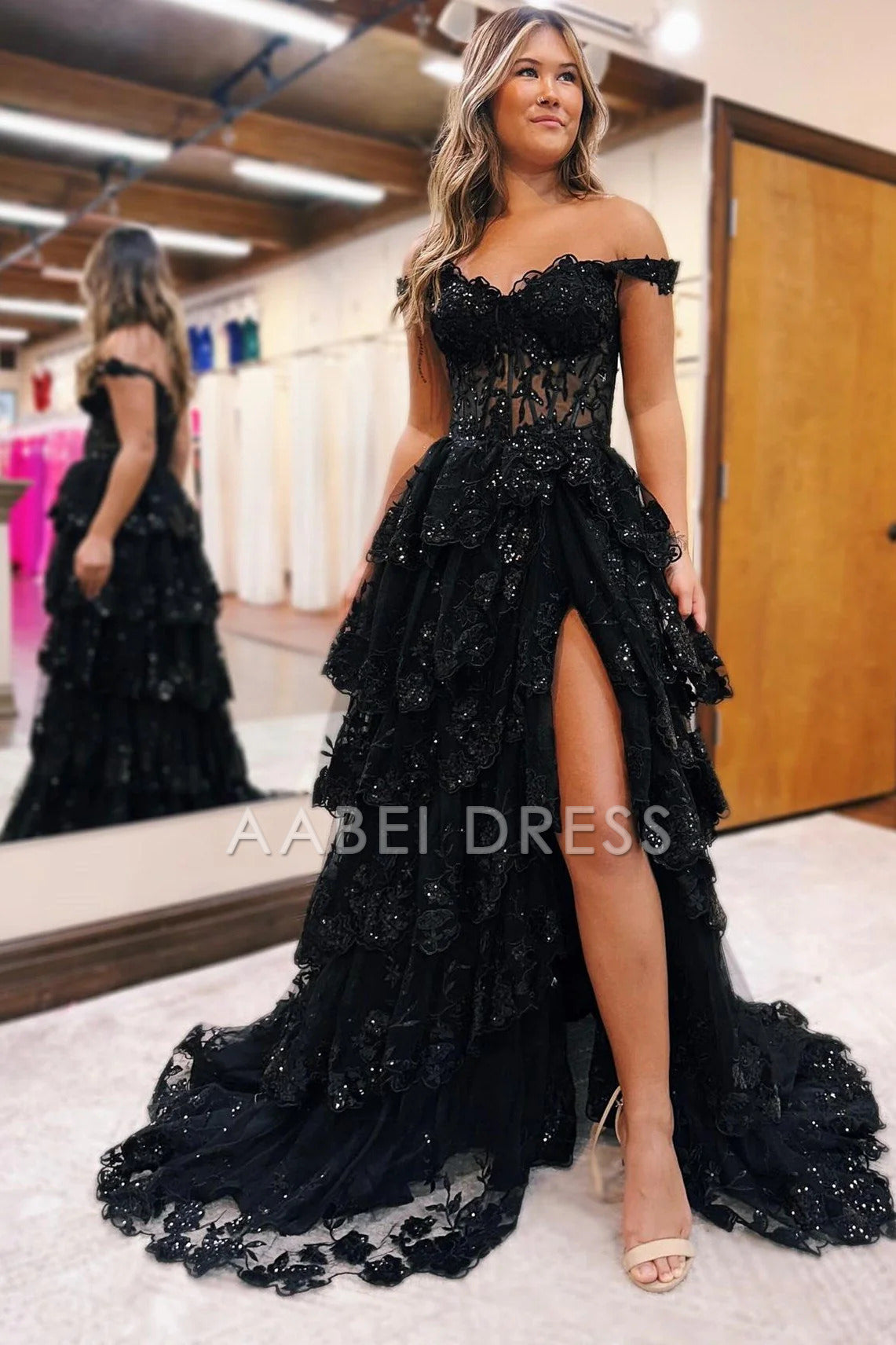 AABEI DRESS A LineTulle Off the Shoulder Sweetheart Tiered Ruffles Prom Dresses With Split Sleeveless Corset Ball Gowns Long Evening Dress