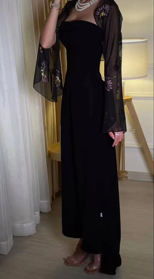 Black Strapless Floor‑Length Prom Dress With Embroidered Sheer Bell‑Sleeve Shrug