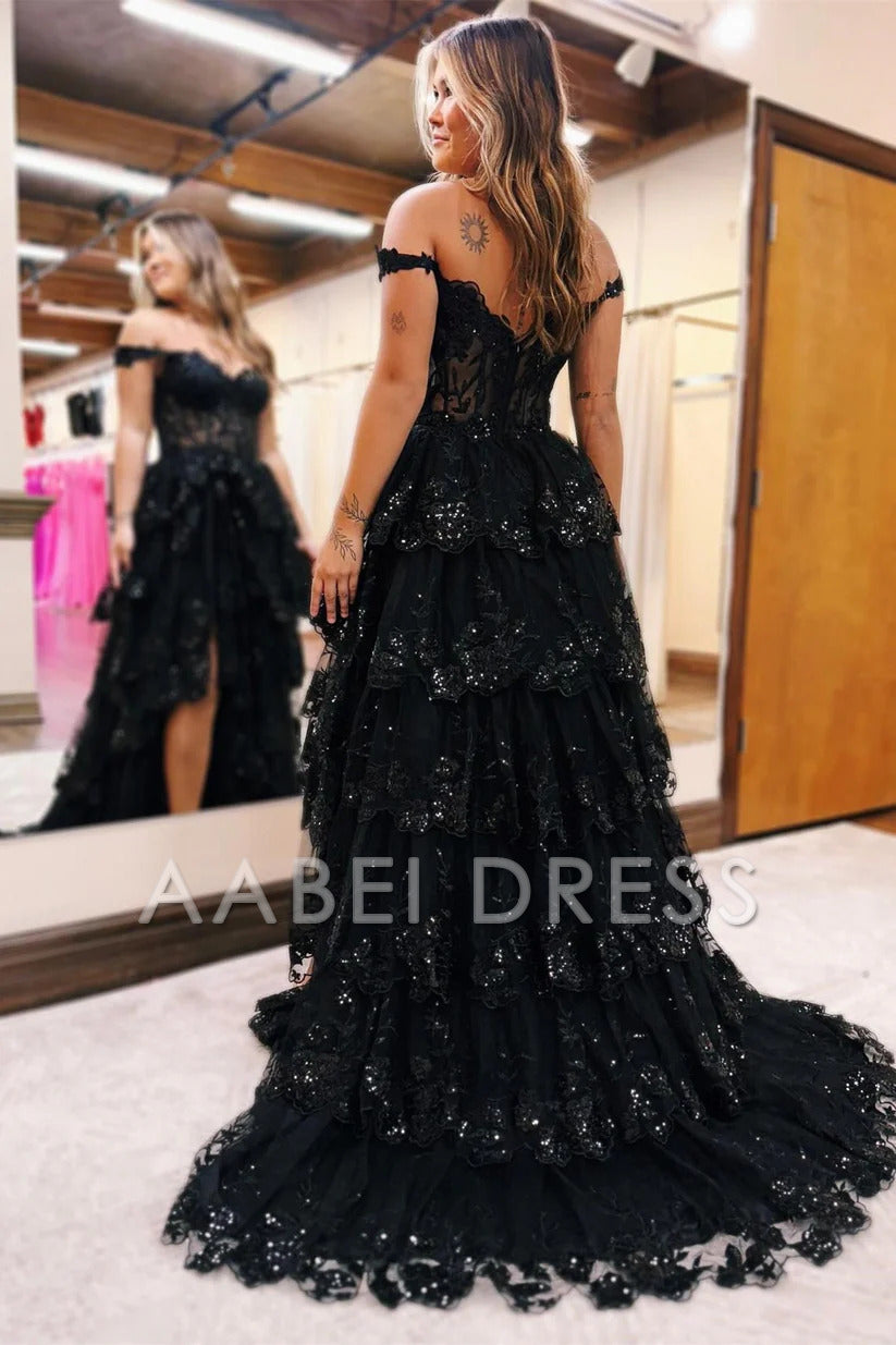 AABEI DRESS A LineTulle Off the Shoulder Sweetheart Tiered Ruffles Prom Dresses With Split Sleeveless Corset Ball Gowns Long Evening Dress