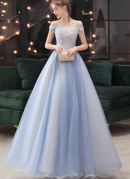 Light Blue Off Shoulder Lace Appliqué Ball Gown Prom Dress Corset Back