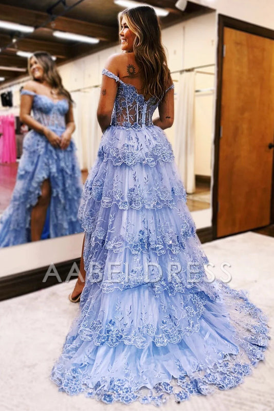 AABEI DRESS A LineTulle Off the Shoulder Sweetheart Tiered Ruffles Prom Dresses With Split Sleeveless Corset Ball Gowns Long Evening Dress