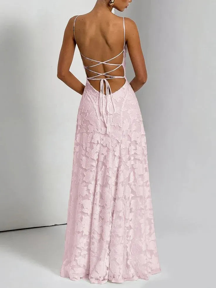 Blush Pink Spaghetti Strap 3D Floral Lace Criss‑Cross Back A‑Line Prom Dress