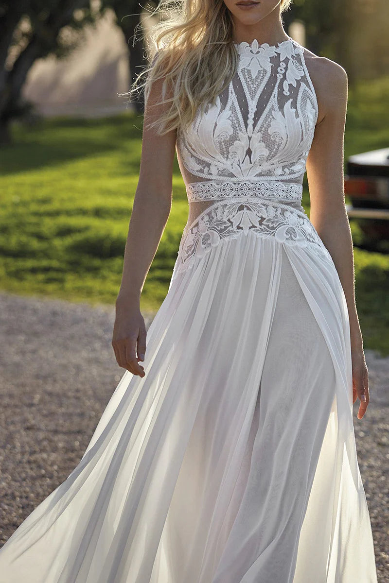Bohemian A-Line High-Neck Sleeveless Open-Back Train-Length Wedding Dress