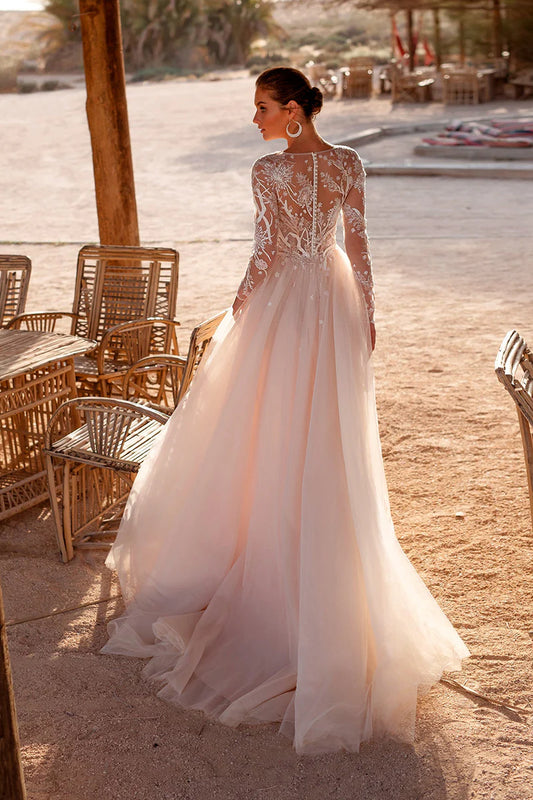 Bohemian A-Line Round-Neck Long-Sleeve Open-Back Train-Length Wedding Dress