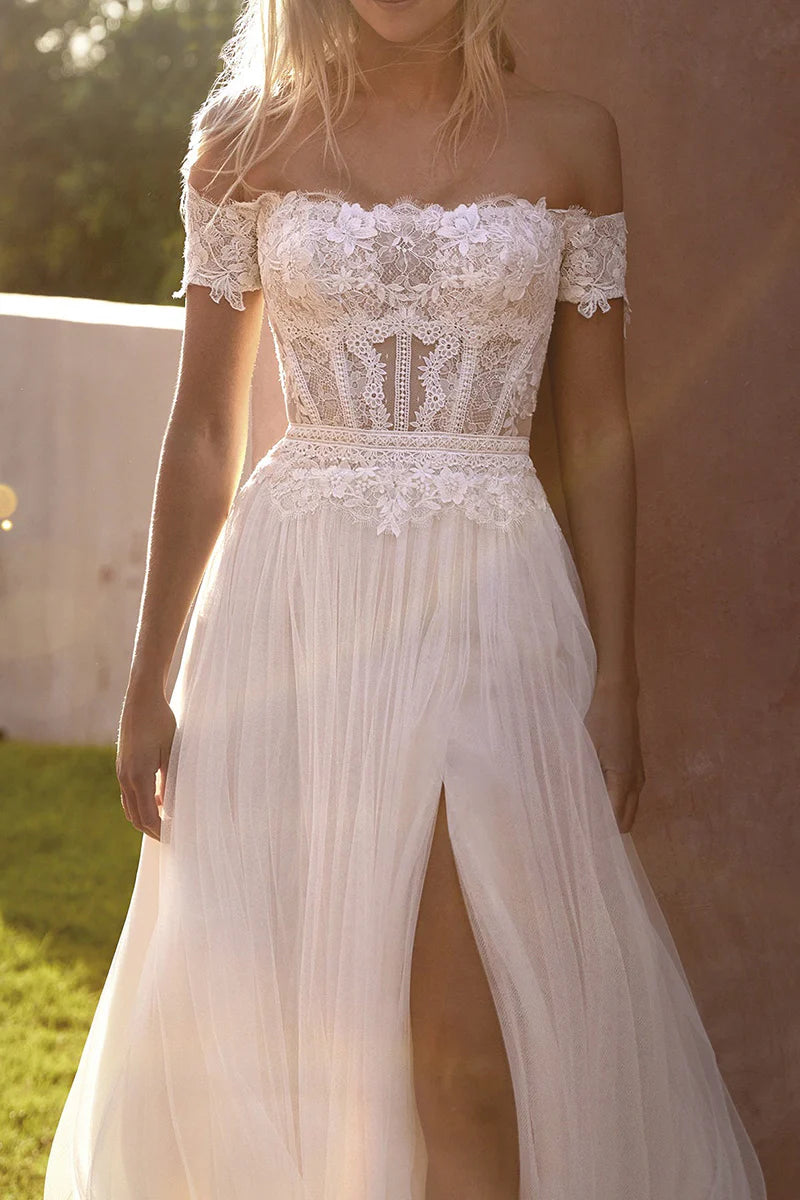 Bohemian A-Line Sweetheart Off-Shoulder Corset-Back Train-Length Wedding Dress