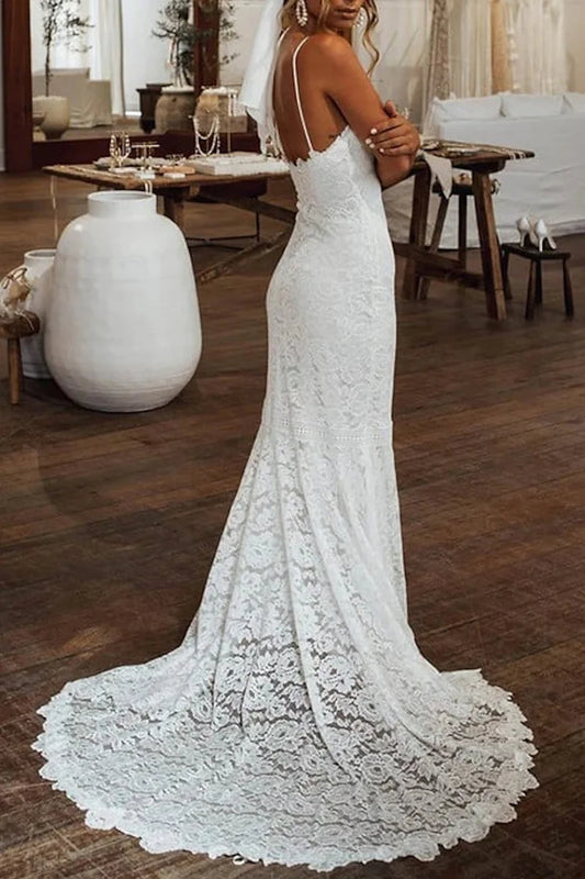Bohemian Mermaid Sweetheart Spaghetti Strap Open Back Train Length Wedding Dress