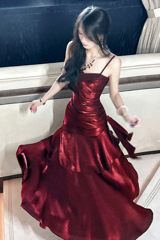 Burgundy Spaghetti Strap Ruched Layered Ruffle Satin Mermaid Prom Dress