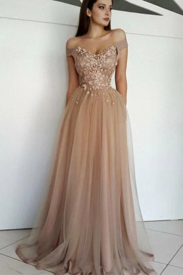 Prom Dresses Chic Off the Shoulder Tulle with Beads Long Sweetheart Evening Dress
