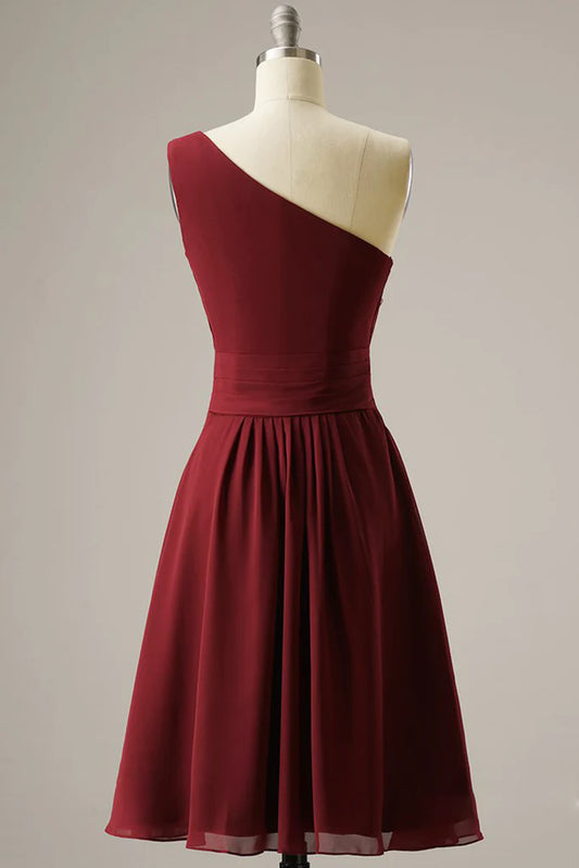 Chic One-Shoulder Pleated A-Line Short Homecoming Prom Dress.