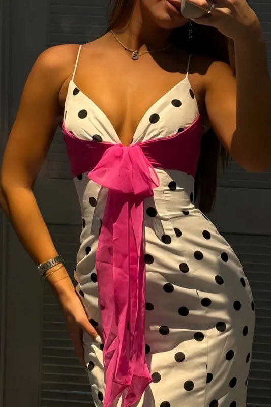 Chic White Polka Dot Mermaid Prom Dress with Pink Bow Spaghetti Straps.