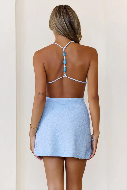 Sky Blue Crepe Sheath/column Cowl Neck Backless Short Dress