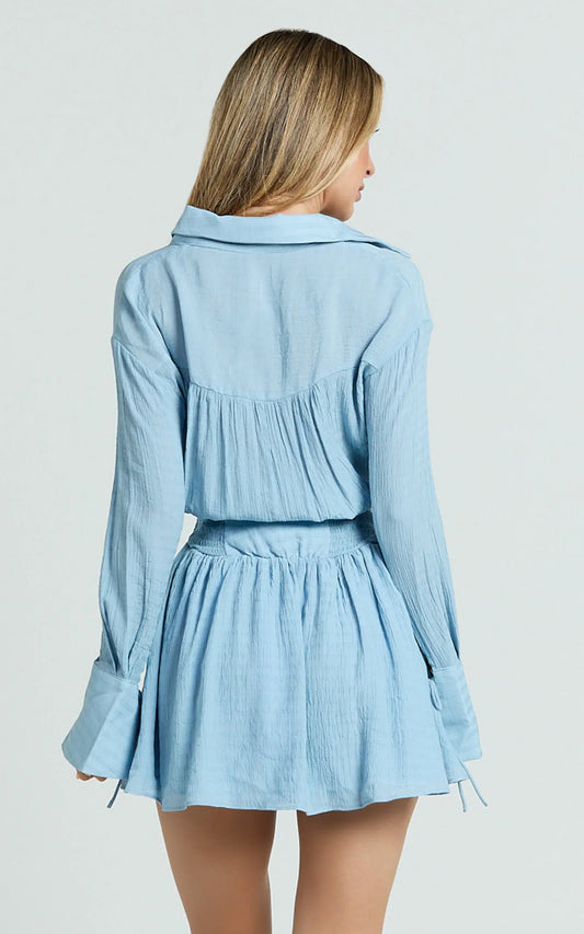 Chic Pale Blue A-Line Collared V-Neck Long Sleeve Cinched Waist Mini Homecoming Dresses