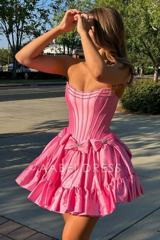 AABEI DRESS New Homecoming Dress Cute Satin A-Line Bateau Strapless Beaded With Bows Fashion Short Prom Dresse