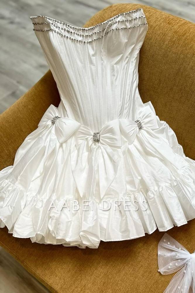 AABEI DRESS New Homecoming Dress Cute Satin A-Line Bateau Strapless Beaded With Bows Fashion Short Prom Dresse