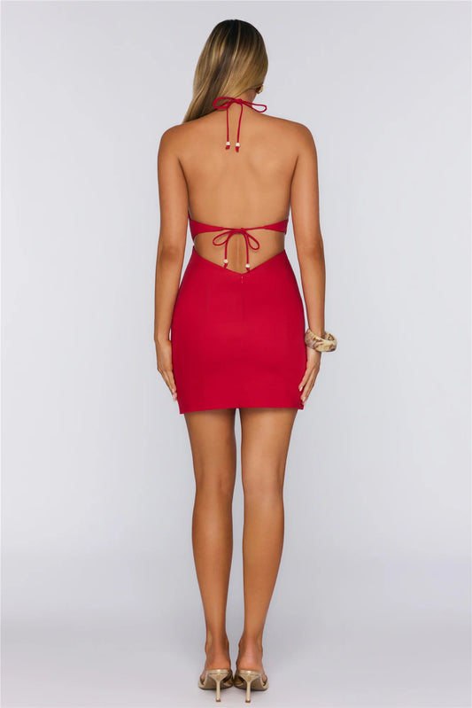 Red Stretch Knit Sheath/column Halter neckline Backless Short Dress