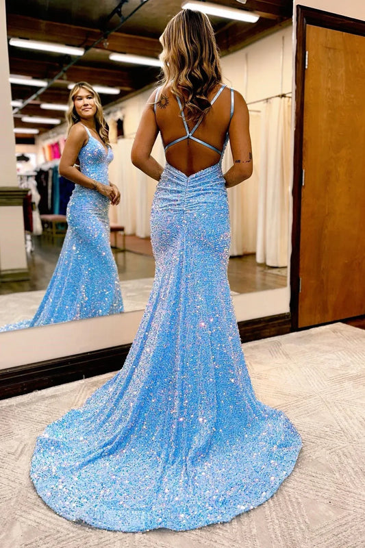Dazzling Light Blue Sequin Mermaid Prom Gown with Open Back.