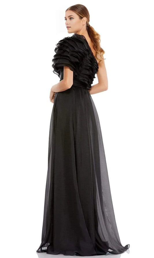 Dramatic A-Line One Shoulder Ruffle Sleeve Open Back Floor Length Prom Dress