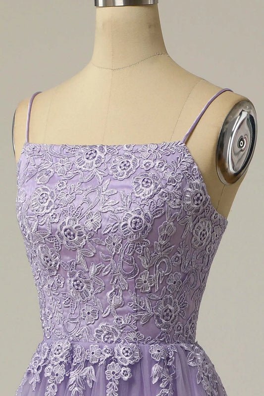 Dreamy A-Line Square Neck Spaghetti Strap Floral Lace Lavender Tulle Slit Prom Gown.
