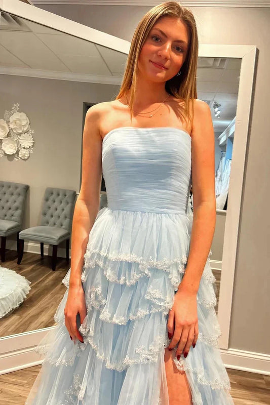 Dreamy A-Line Strapless Sleeveless Open-Back Ruffle-Tier High-Slit Evening Dress