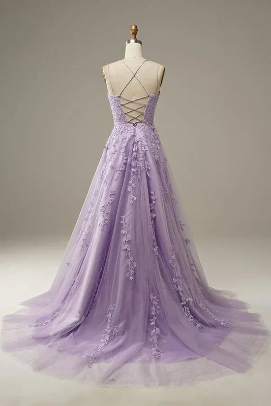 Back of lavender prom dress featuring crisscross lace-up detail.