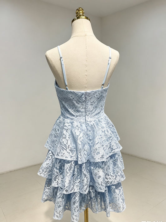 Sky Blue Lace A-Line Sweetheart Back Zip Short Dress