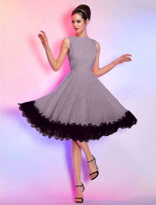 Elegant A-Line Boat Neck Vintage Lace Chiffon Knee Length Homecoming Dress.