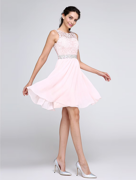 Elegant A-Line Illusion Neck V-Back Crystal Short Homecoming Dress.
