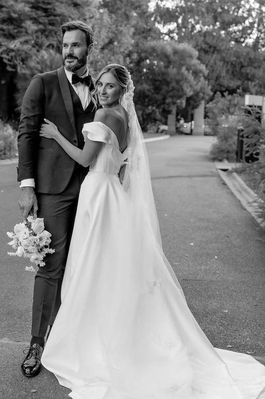 Elegant A-Line Off Shoulder Sweetheart Button Back Train Length Wedding Dress