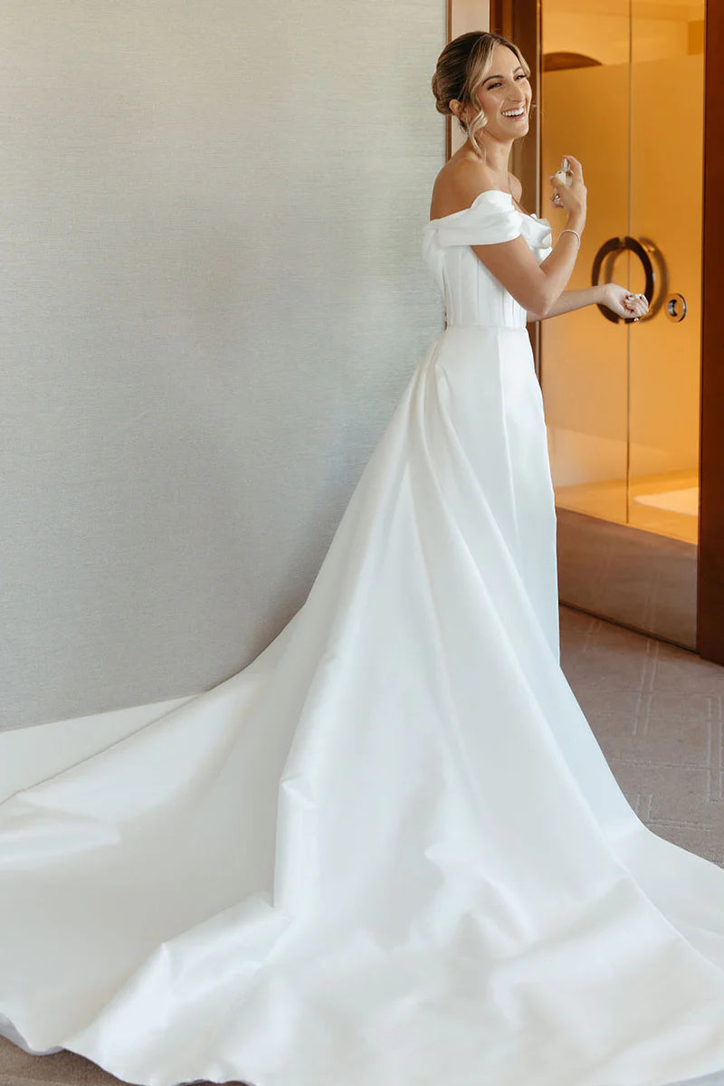 Elegant A-Line Off Shoulder Sweetheart Button Back Train Length Wedding Dress