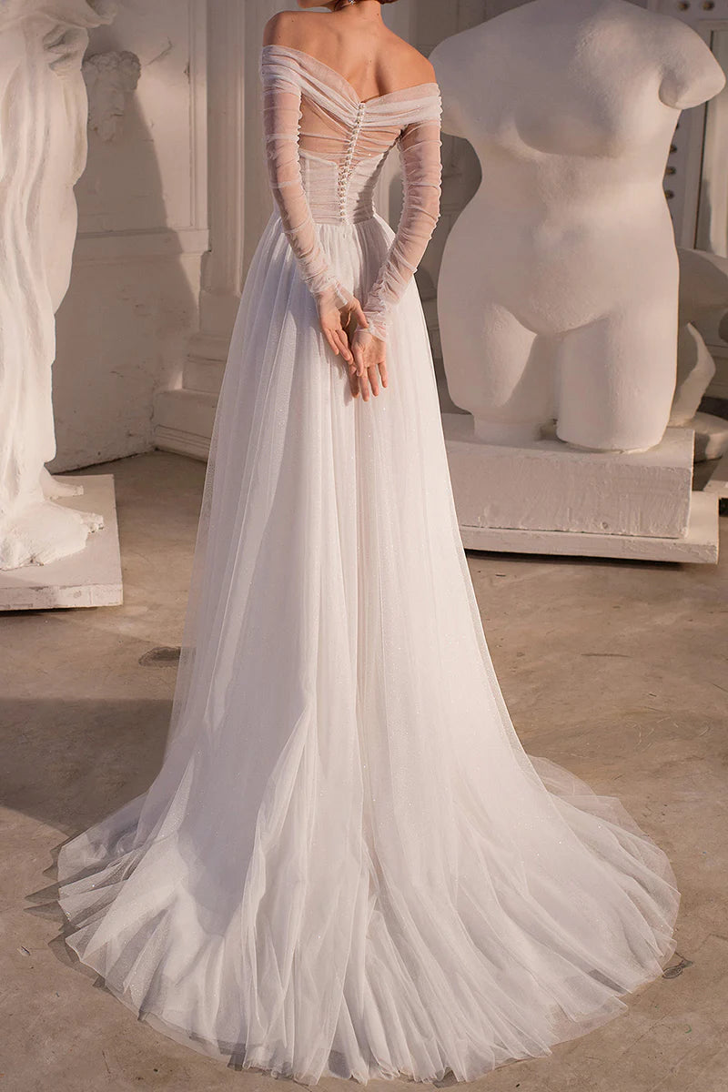 Elegant A-Line Off-the-Shoulder Long Sleeve Lace-Up Court Train Wedding Dress