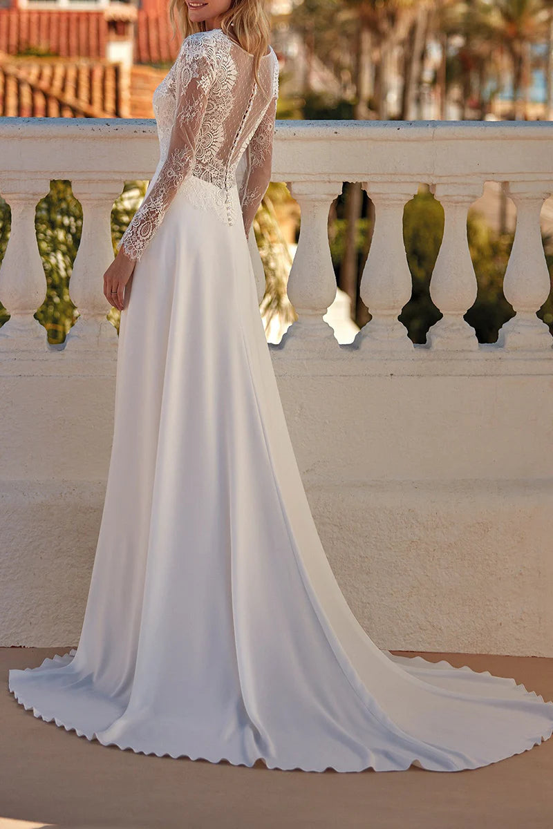 Elegant A-Line Plunge-V-Neck Long-Sleeve Open-Back Train-Length Wedding Dress