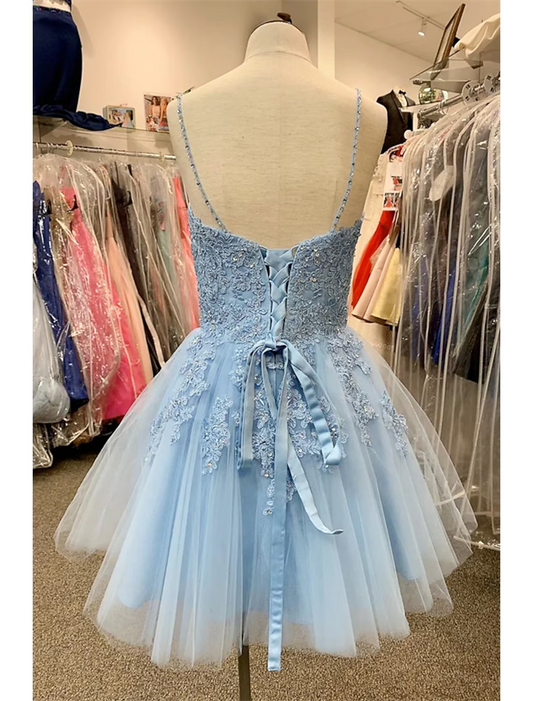 Elegant A-Line Spaghetti Strap Floral Applique Tulle Short Mini Homecoming Dress.