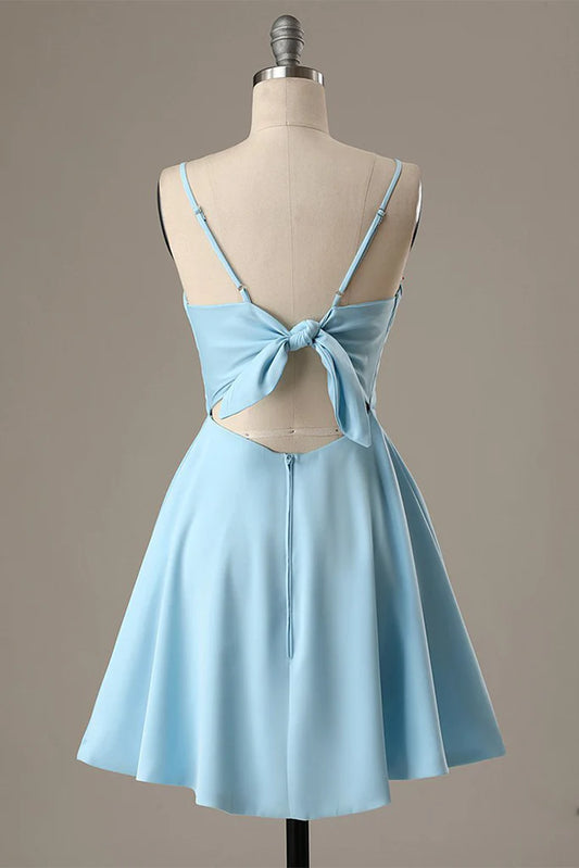 Elegant A-Line Spaghetti Straps Satin Blue Short Homecoming Dress.