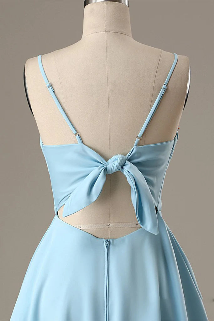 Elegant A-Line Spaghetti Straps Satin Blue Short Homecoming Dress.