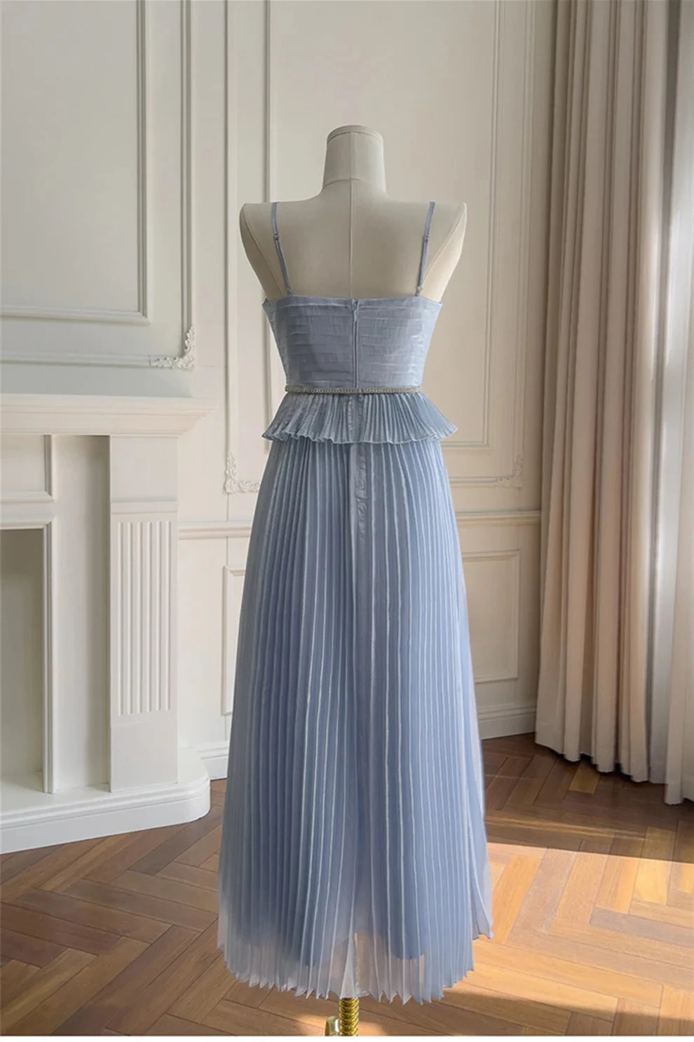 Elegant A-Line Spaghetti Straps V Neck Open Back Pleated Ruffle Ankle Length Light Blue Chiffon Evening Dresses